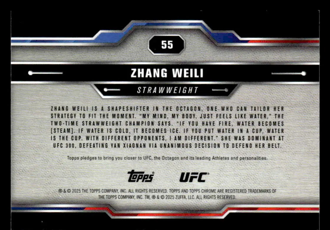 Back of a Topps Chrome UFC Zhang Weili trading card from 2025 Topps Chrome UFC #55