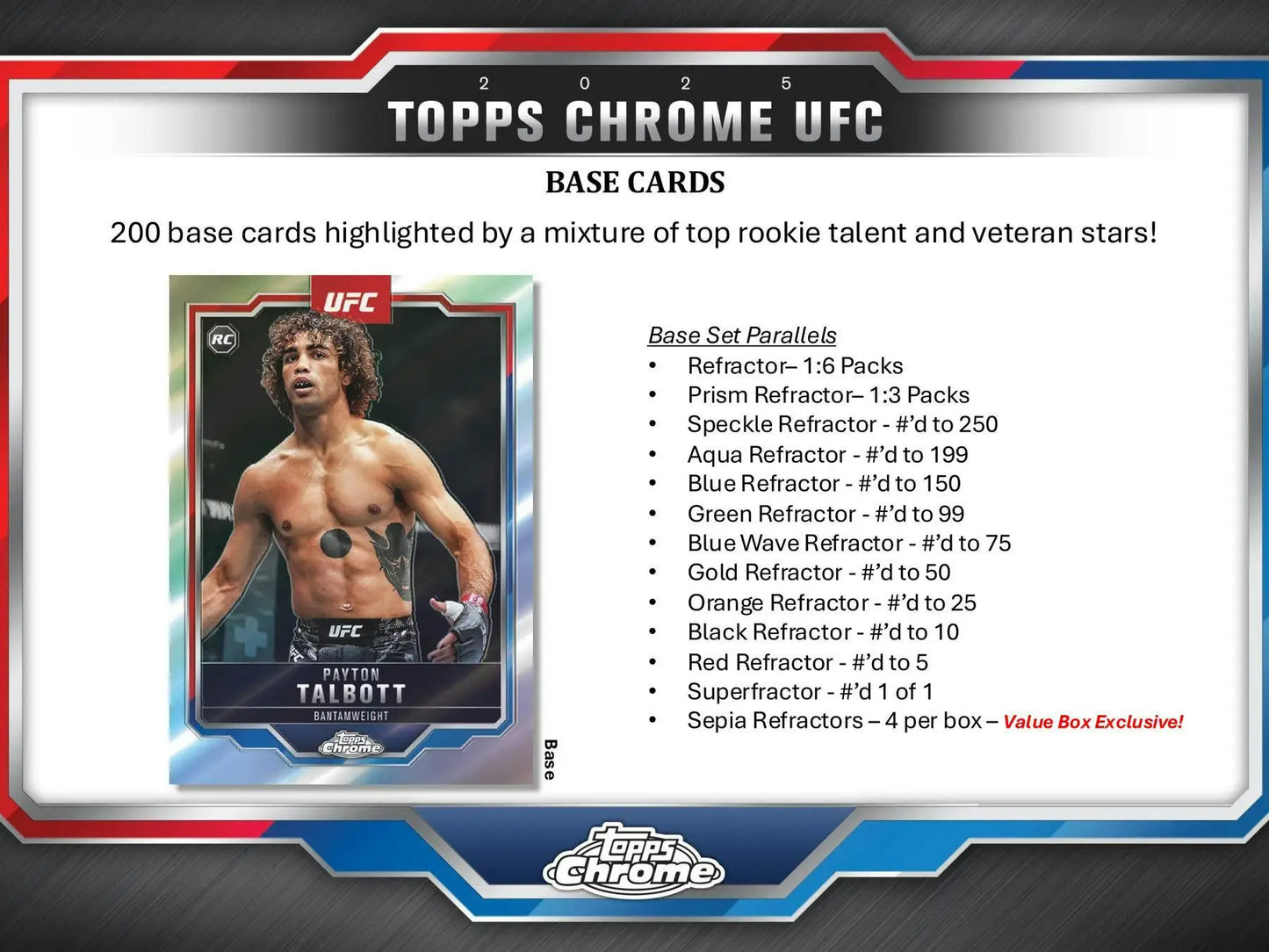 2025 Topps Chrome UFC blaster box with base cards and rare parallel refractors