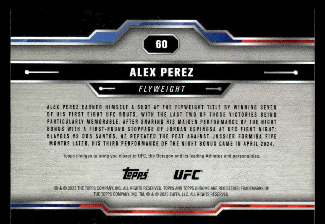 Collectible UFC trading card of Alex Perez from 2025 Topps Chrome UFC series