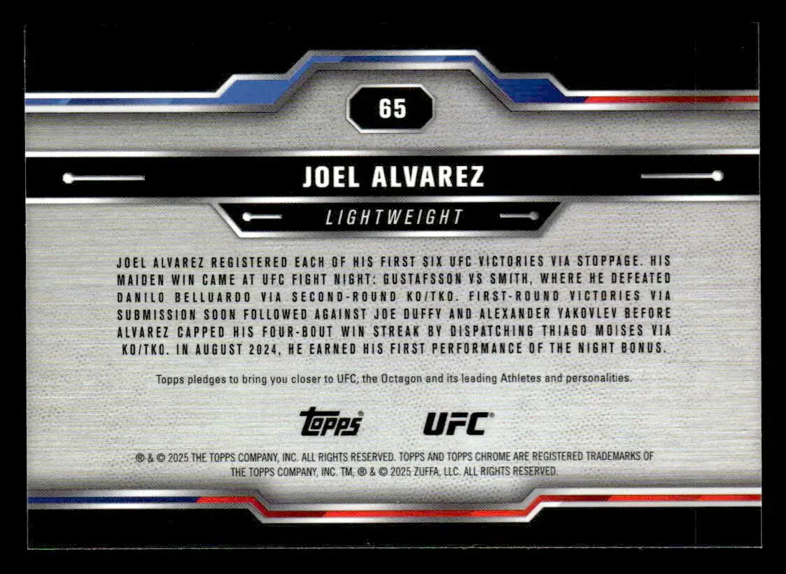 Joel Alvarez UFC trading card from 2025 Topps Chrome UFC series with red and blue refractor