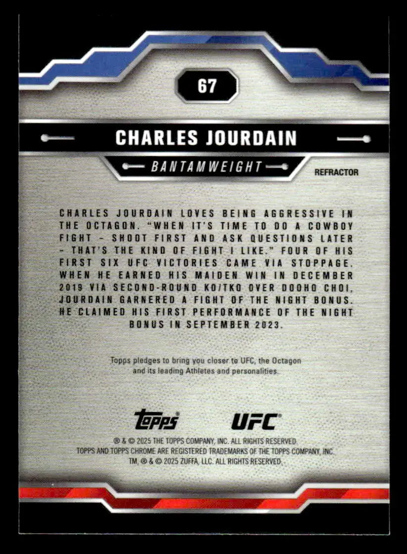 Back of a 2025 Topps Chrome UFC Charles Jourdain Refractor trading card