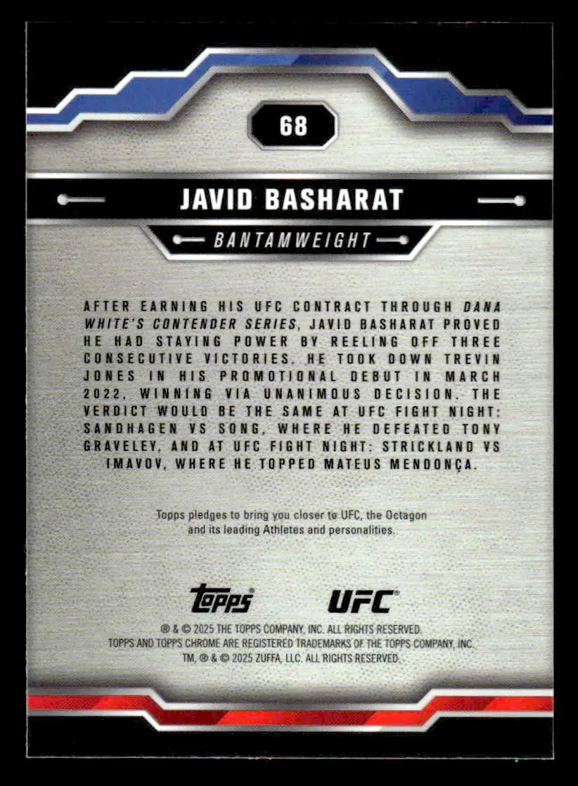 Back of a Javid Basharat 2025 Topps Chrome UFC trading card displayed in Topps Chrome UFC collection