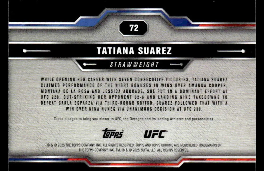 Back of a Tatiana Suarez Topps Chrome UFC trading card in the 2025 Topps Chrome UFC set