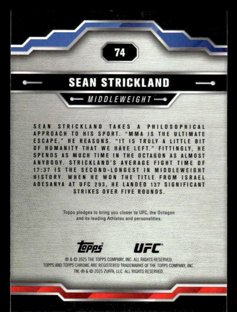 Back of a Sean Strickland Topps Chrome UFC trading card from 2025 Topps Chrome UFC #74