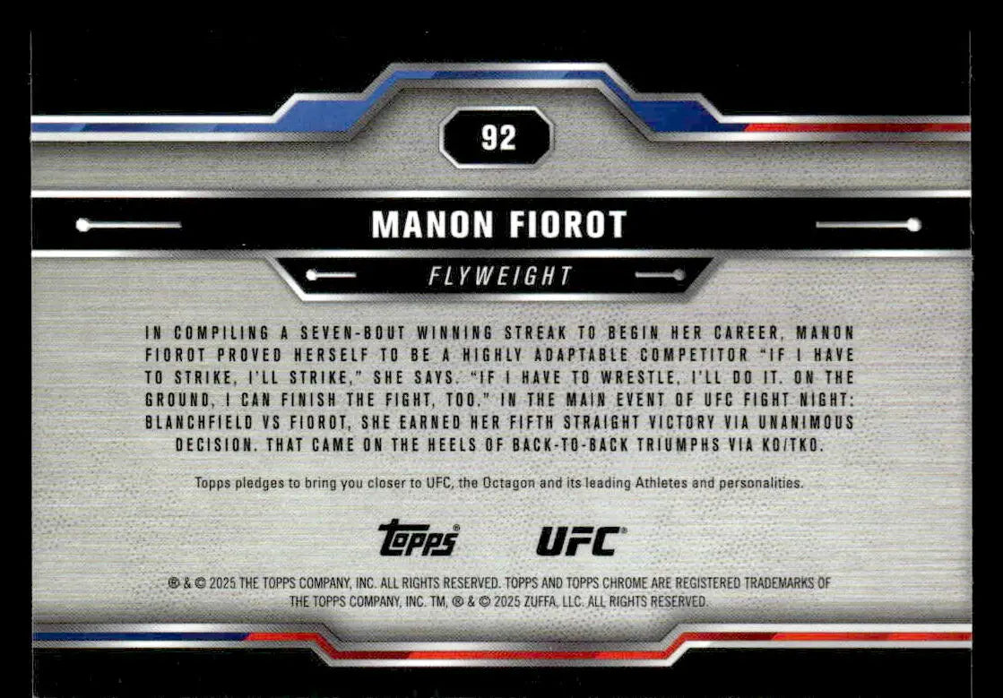 Back of a Manon Fiorot Topps Chrome UFC trading card from 2025 Chrome UFC series