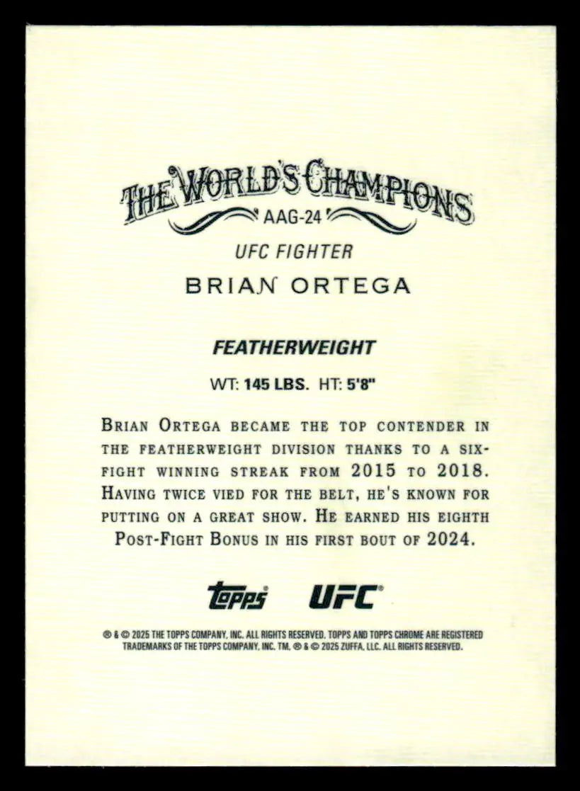 Collectible Topps Chrome UFC trading card of Brian Ortega with stats and career highlights