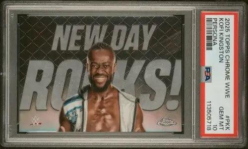 Graded Kofi Kingston wrestling card from 2025 Topps Chrome WWE Persona series in original gloss