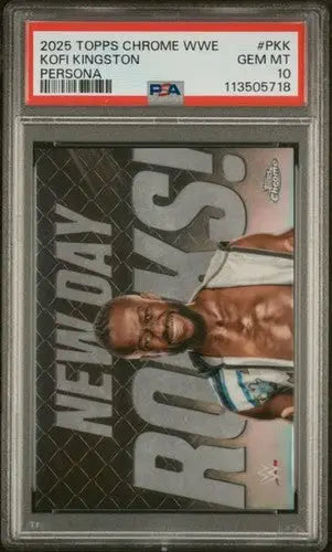 Graded Kofi Kingston wrestling card from 2025 Topps Chrome WWE Persona series in PSA 10 gem mint condition