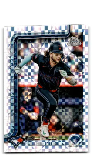 Original gloss Topps Chrome Bo Bichette Blue Jays trading card with checkered refractor pattern