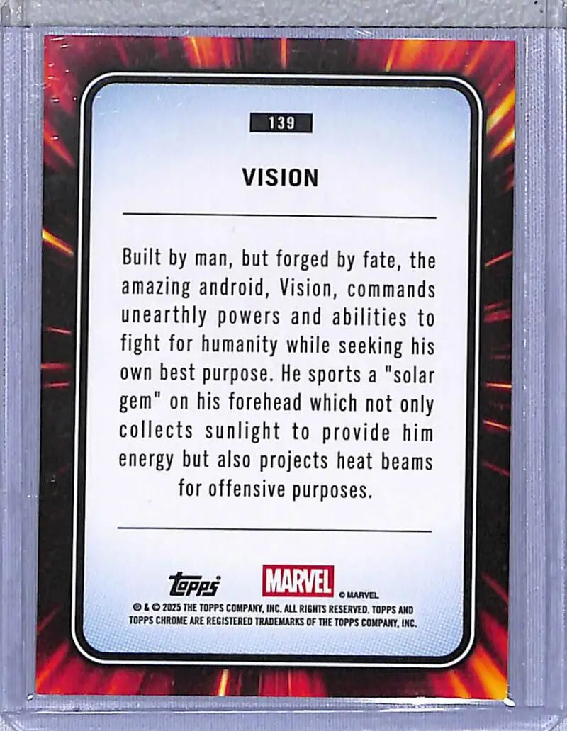 Vision trading card back from 2025 Topps Chrome Yellow Lava set showing detailed design