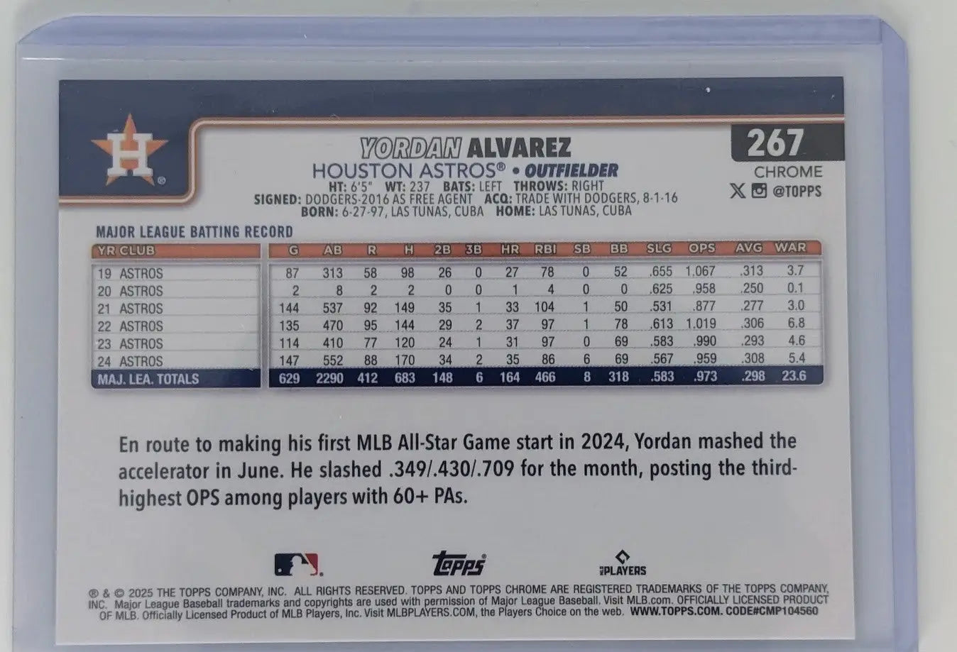 Yordan Alvarez Topps Chrome green speckle baseball card back with batting record and bio