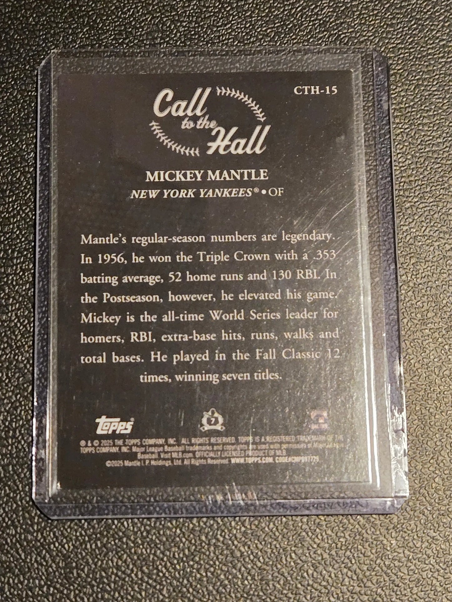 Mickey Mantle Call to the Hall trading card from 2025 Topps in protective sleeve
