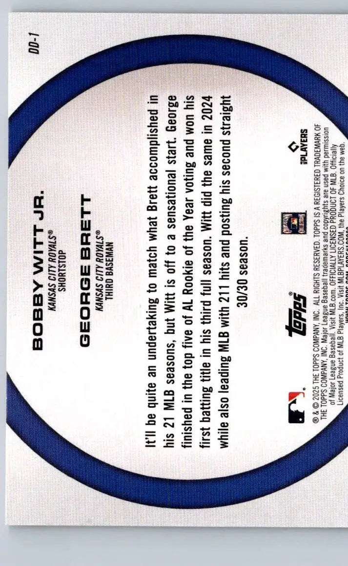 Baseball card back featuring George Brett and Bobby Witt from 2025 Topps Dynamic Duos