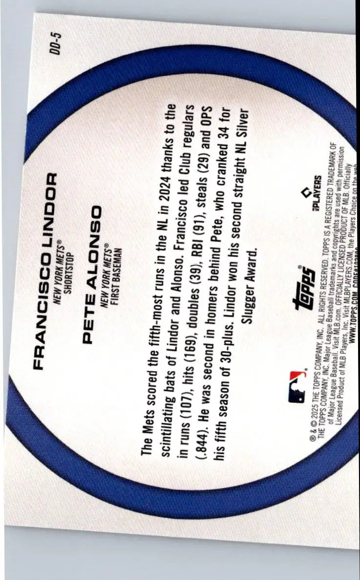 Baseball card featuring Francisco Lindor and Pete Alonso from 2025 Topps Dynamic Duos