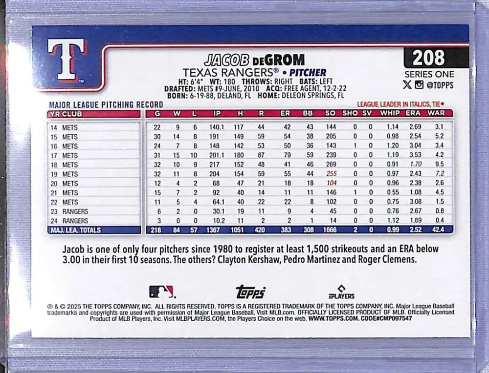 2025 Topps Diamante Jacob DeGrom baseball card featuring Texas Rangers player