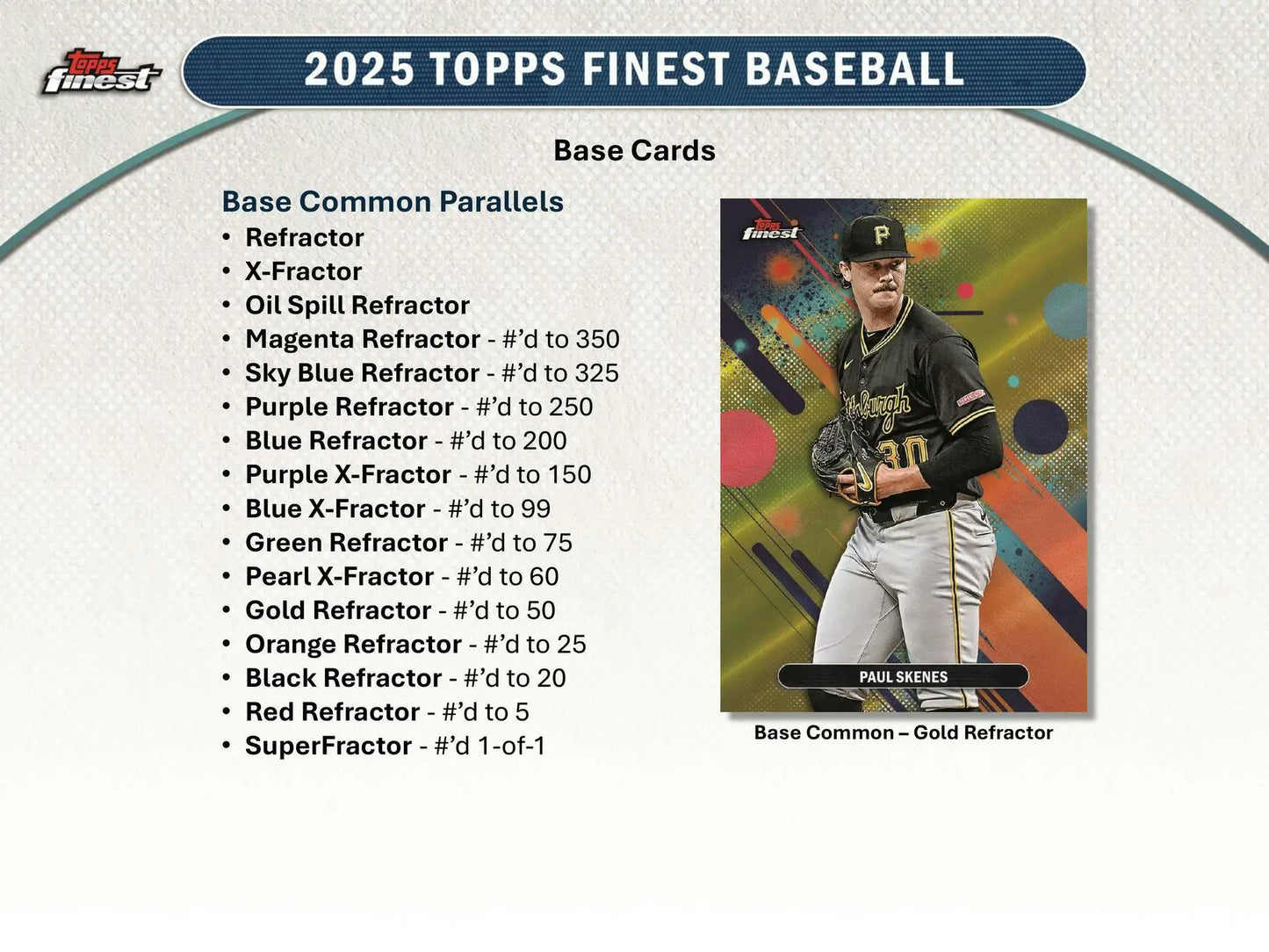 Base card featuring Paul Skenes in Pirates uniform with gold refractor parallel from 2025 Topps Finest Baseball Hobby Box