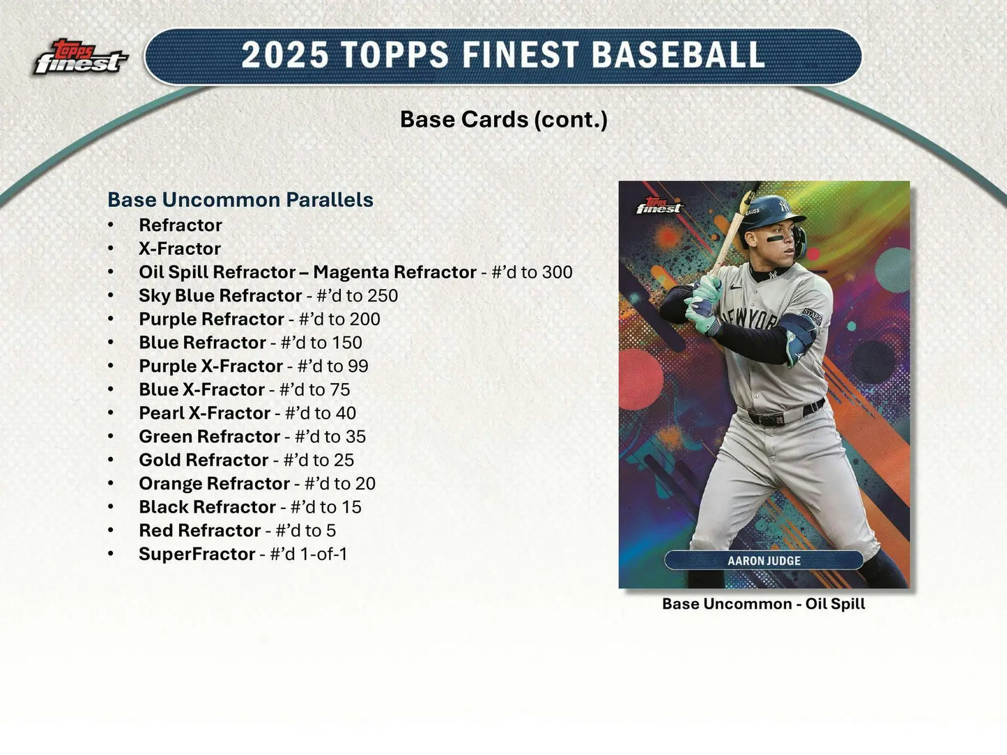 Presentation slide showcasing 2025 Topps Finest Baseball base card parallels with an example card