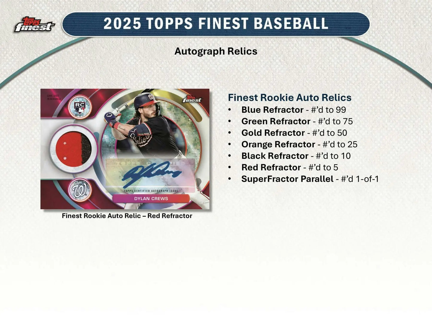2025 Topps Finest Baseball Autograph Relic card of Dylan Crews Red Refractor
