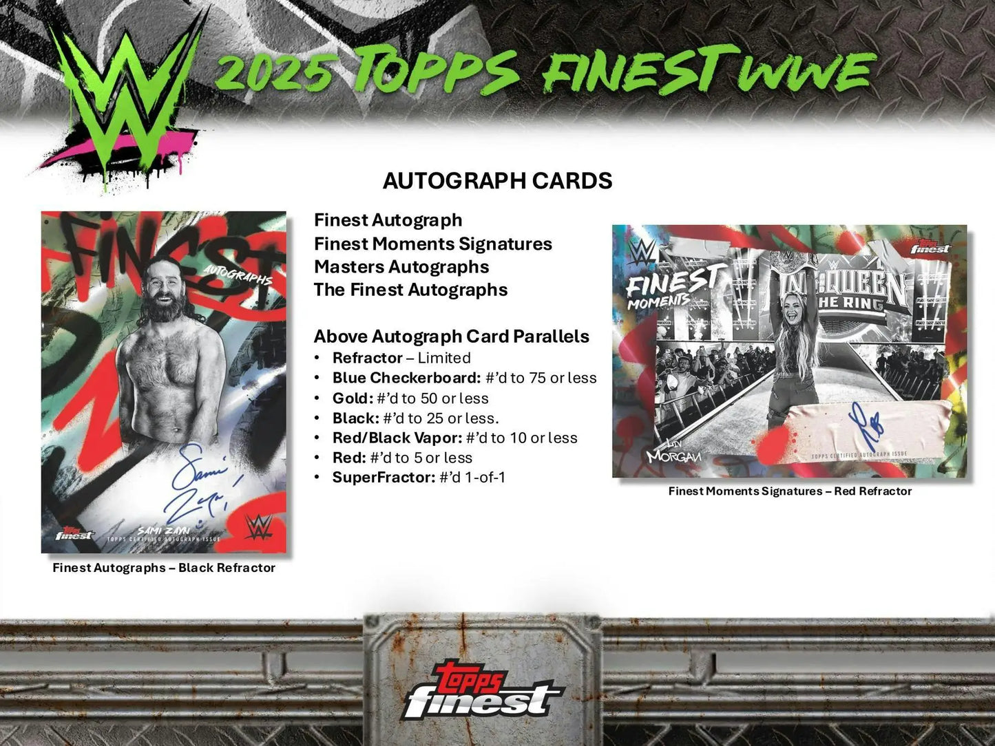 Promotional image of 2025 Topps Finest WWE Hobby autograph cards in a WWE hobby box