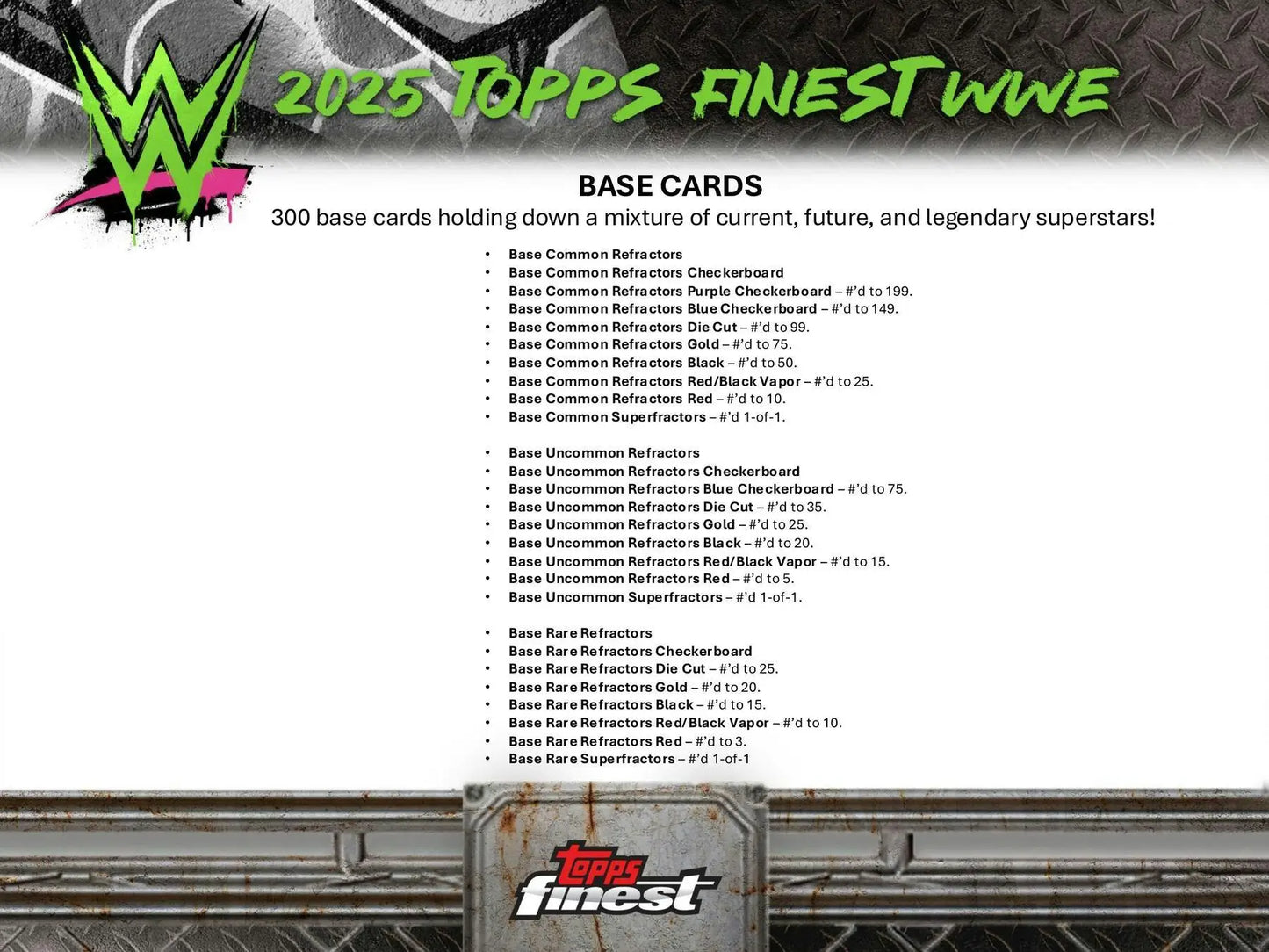 Promotional checklist for 2025 Topps Finest WWE Hobby cards featuring base refractors and rarity