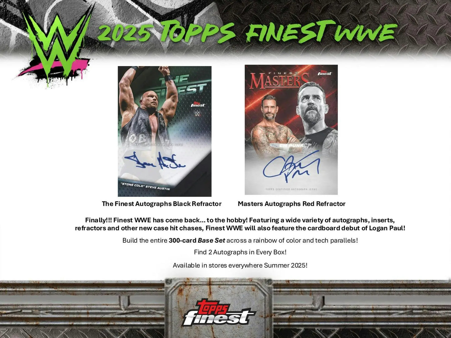 Advertisement for 2025 Topps Finest WWE Hobby trading cards with autographed refractors