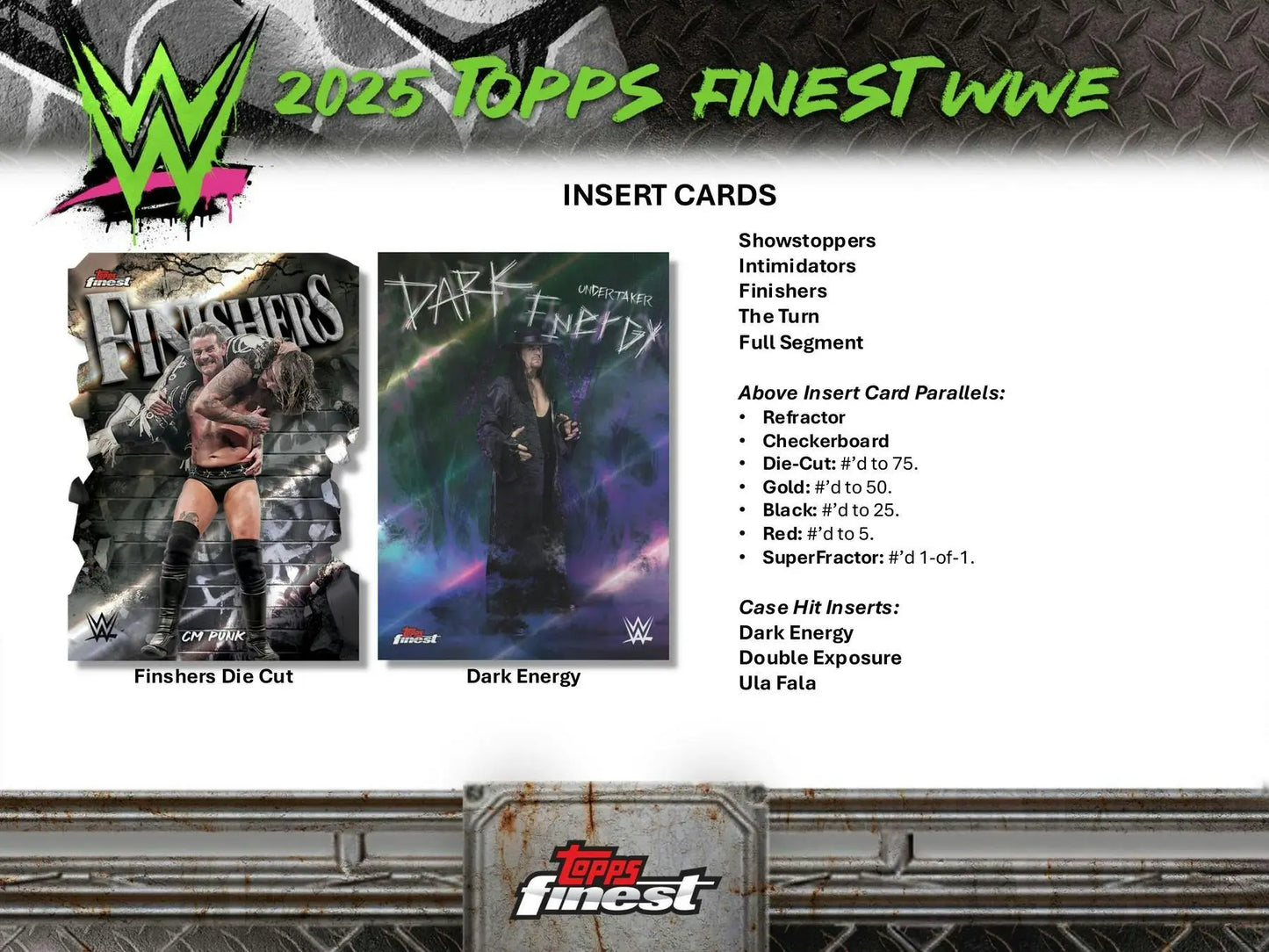 Promotional material for 2025 Topps Finest WWE Hobby cards with inserts and parallels