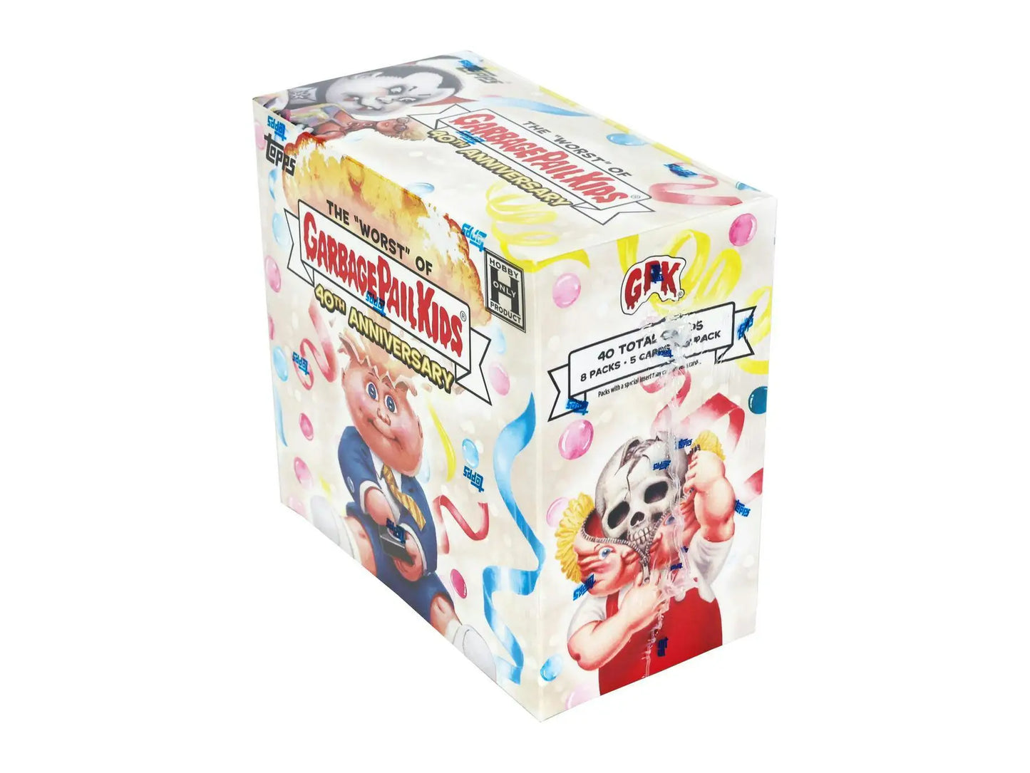 White cardboard box of Garbage Pail Kids trading cards from 2025 Topps GPK 40th Anniversary edition