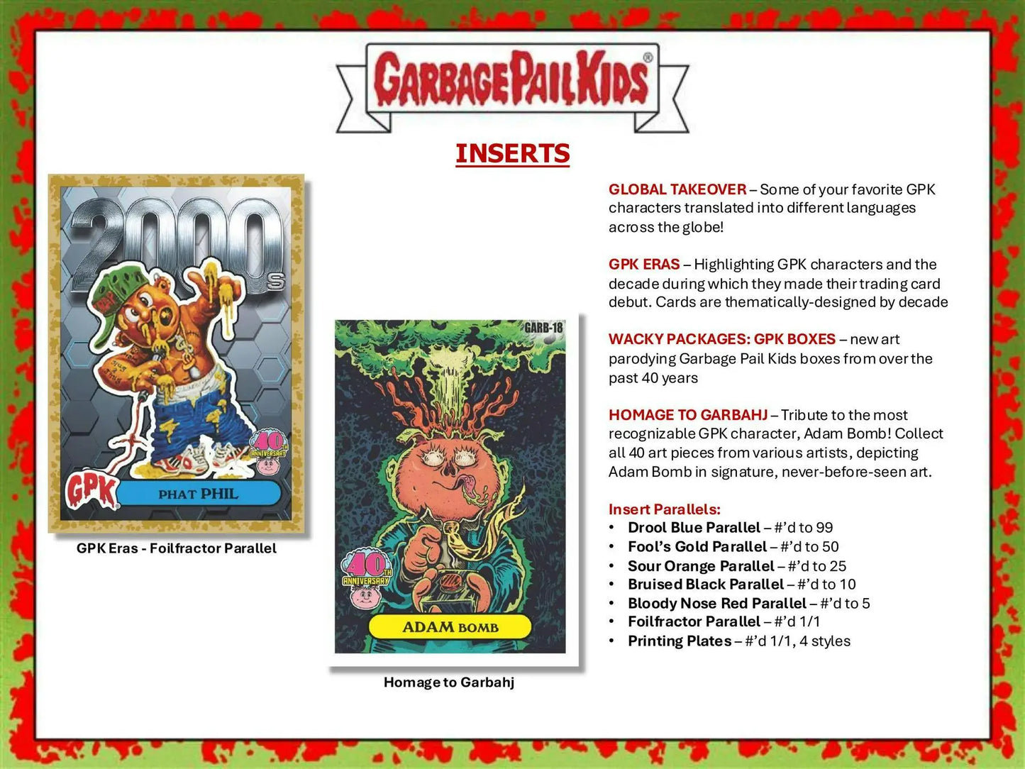 Promotional sheet with inserts for Garbage Pail Kids trading cards in 2025 Topps GPK box