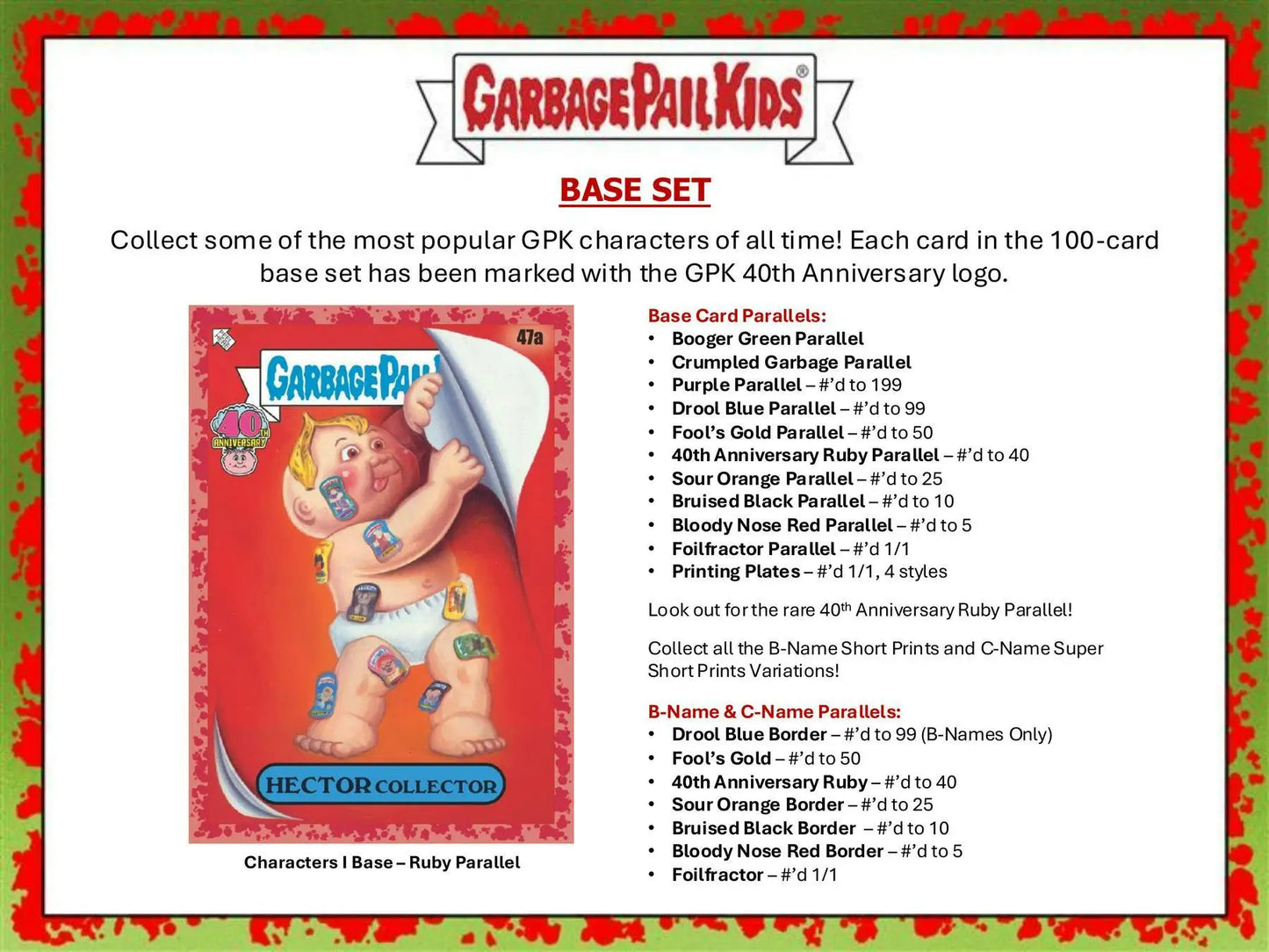 Promotional sheet for Garbage Pail Kids 40th Anniversary Base Set and variations in Hobby Box