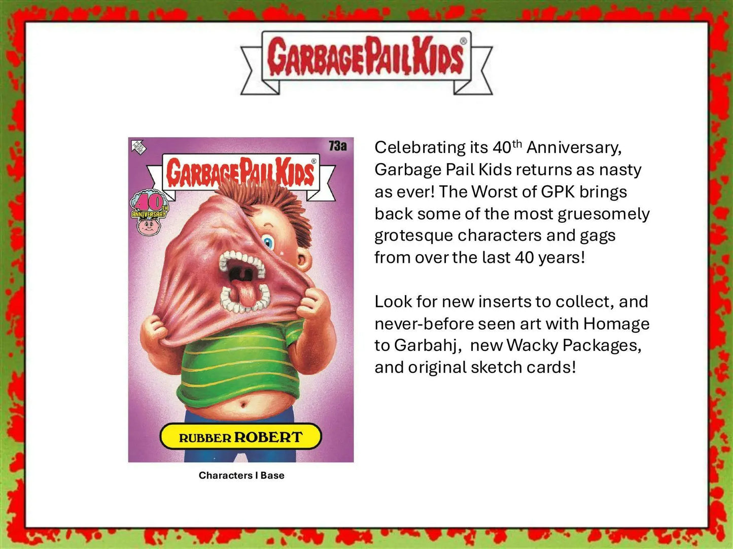 Promotional advertisement celebrating 40th Anniversary of Garbage Pail Kids Hobby Box
