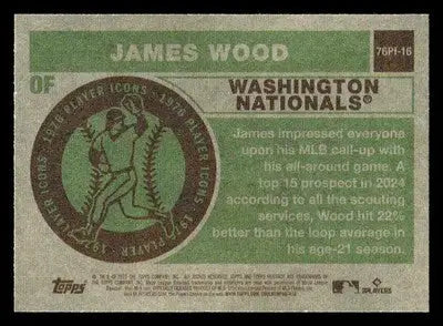 Baseball card back for James Wood of the Washington Nationals from 2025 Topps Heritage Player Icons series