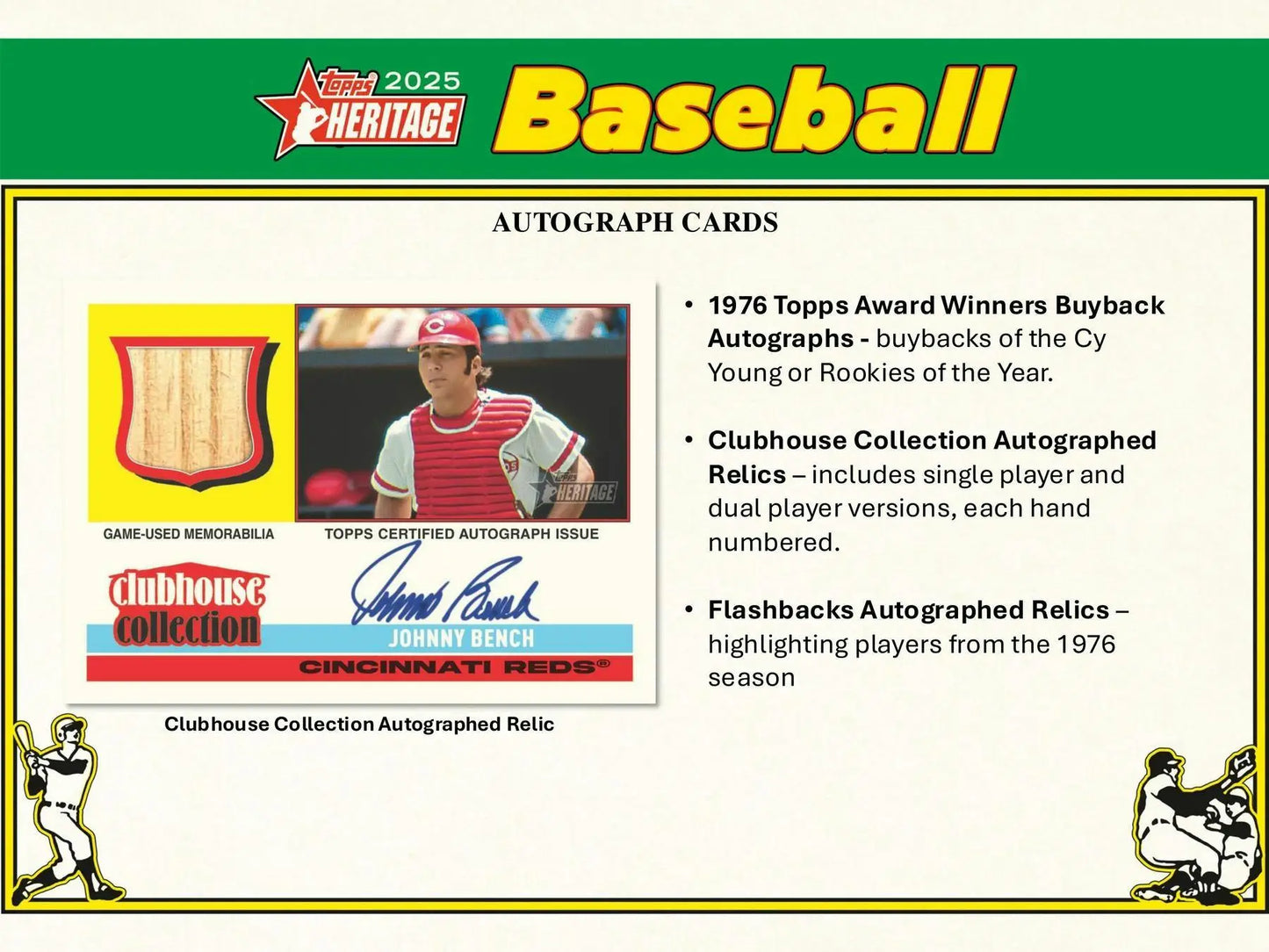 Base card with Johnny Bench autograph and game-used memorabilia in 2025 Topps Heritage Blaster
