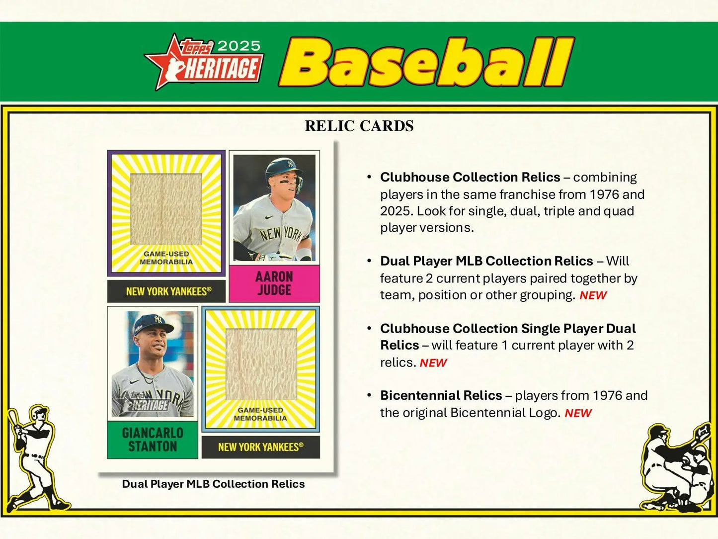 2025 Topps Heritage Baseball Relic Cards with Aaron Judge and Giancarlo Stanton in green bordered base cards and short prints