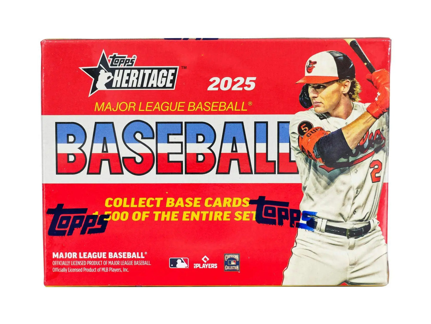 Red and white Topps Heritage 2025 MLB baseball card box with short prints and green bordered base cards