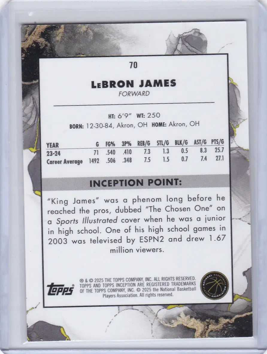 LeBron James NBA trading card from Topps Inception featuring Los Angeles Lakers player
