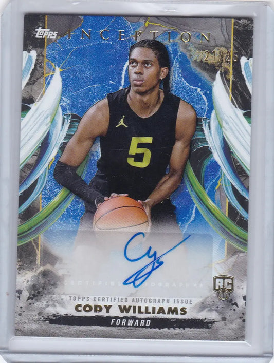 Basketball trading card featuring Cody Williams with auto from 2025 Topps Inception collection