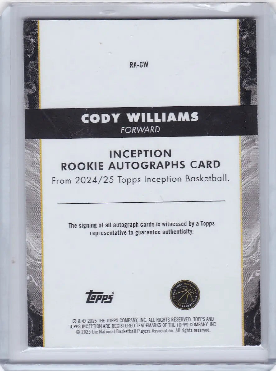 Cody Williams auto basketball card from Topps Inception featuring Cody Williams rookie autograph