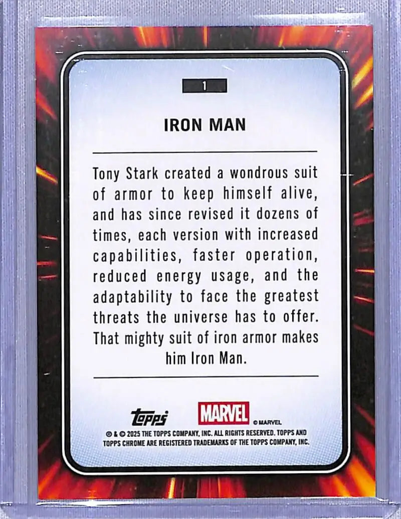 Iron Man trading card back from 2025 Topps Marvel Chrome series, topps marvel collectible