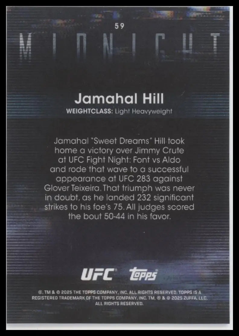 UFC trading card featuring Jamahal Hill from 2025 Topps Midnight UFC series