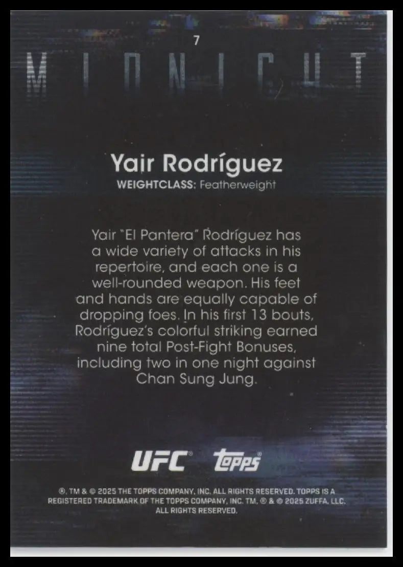 Trading card of Yair Rodríguez from Topps Midnight UFC showcasing his fighting style and achievements