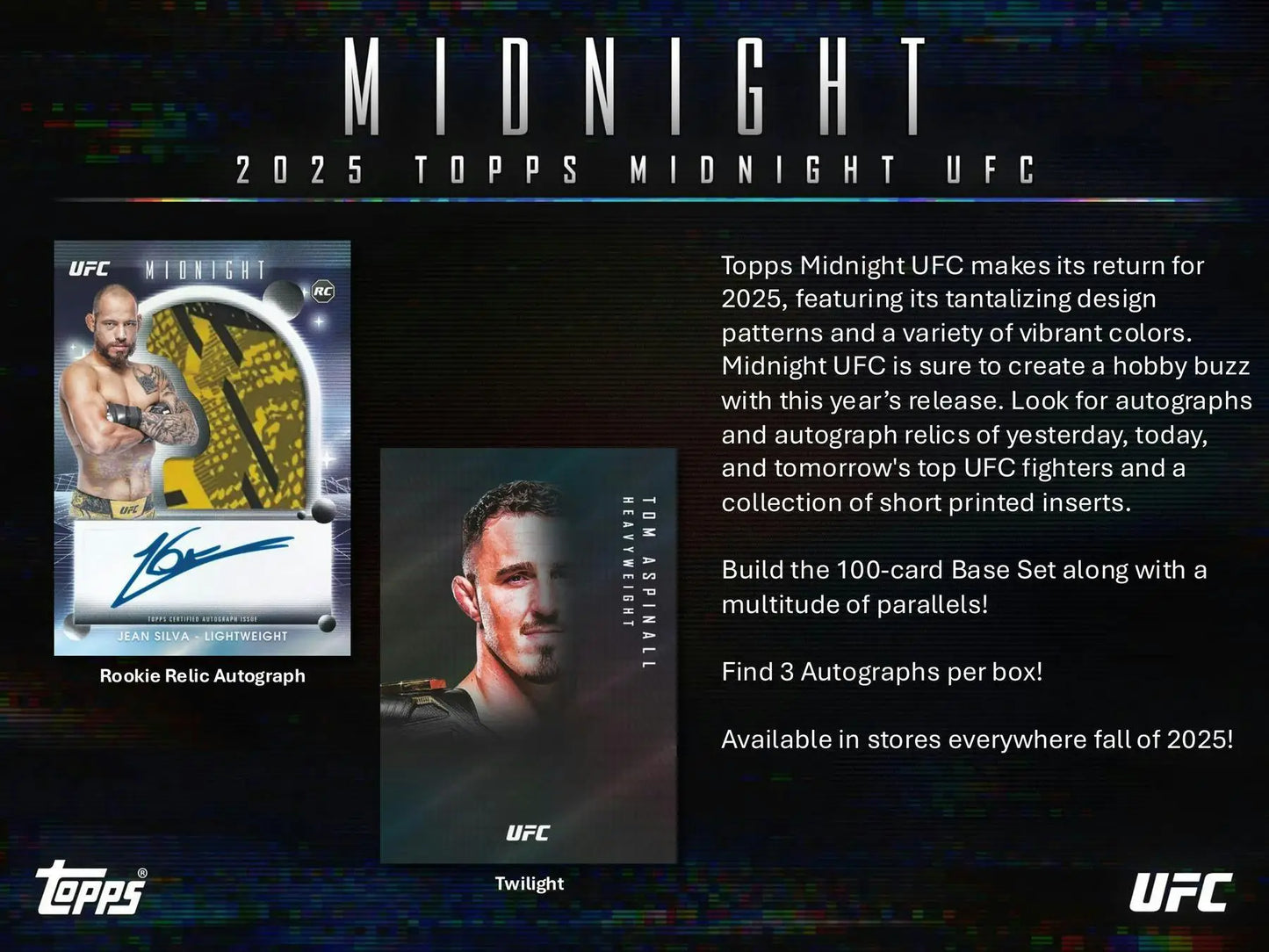 Promotional image for 2025 Topps Midnight UFC trading cards with black light effect