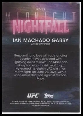 Collectible UFC trading card featuring Ian Machado Garry from Topps Midnight UFC 2025
