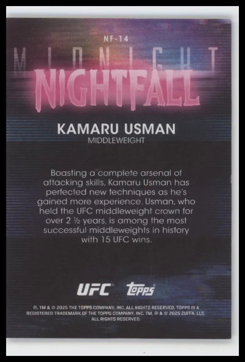 Collectible Topps Midnight UFC card featuring Kamaru Usman from the Midnight Nightfall series