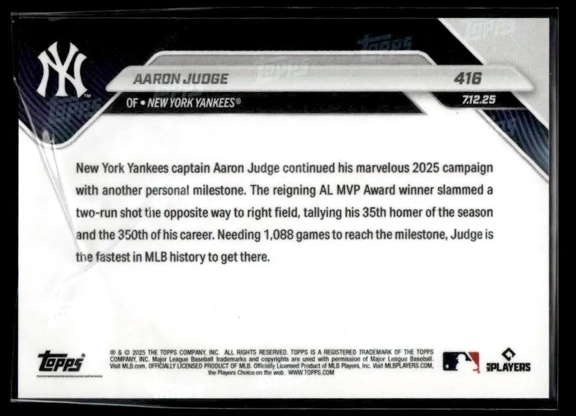Baseball trading card of Aaron Judge celebrating 350-HR milestone for New York Yankees