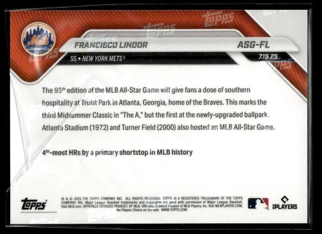Back of 2025 Topps Now MLB All-Star Game Francisco Lindor baseball card featuring MLB All-Star