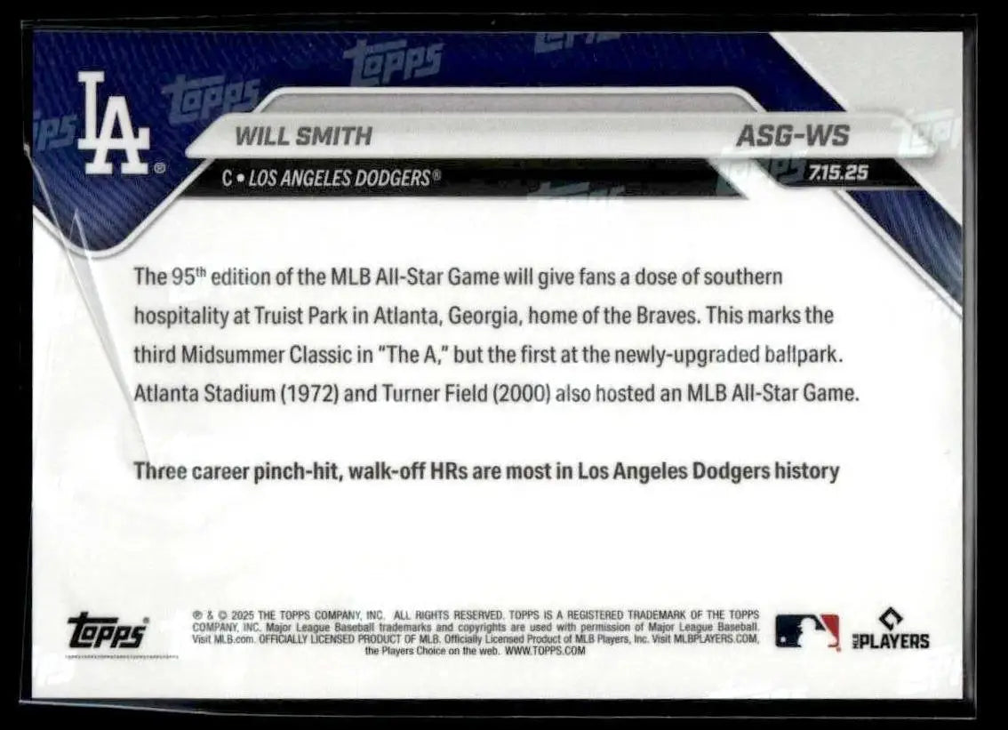 Back of Will Smith Los Angeles Dodgers baseball card from 2025 Topps Now MLB All-Star Game