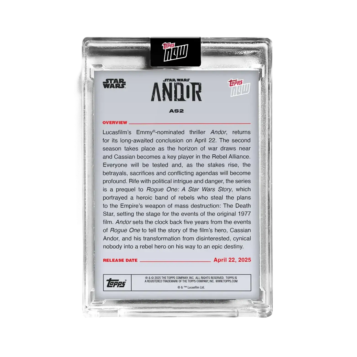 Encased Star Wars Andor trading card from 2025 Topps Now Star Wars Andor Season 2