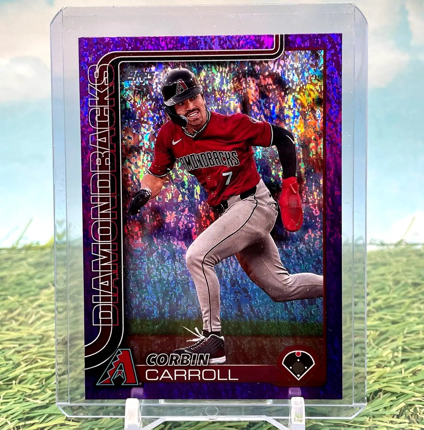 Corbin Carroll Purple Foil baseball card from 2025 Topps Series 1 /250 SP Arizona Diamondbacks