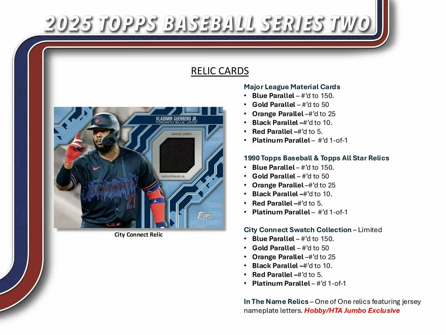 Baseball card product info for 2025 Topps Series 2 Hobby Box with hobby exclusive rainbow foil and foil parallel