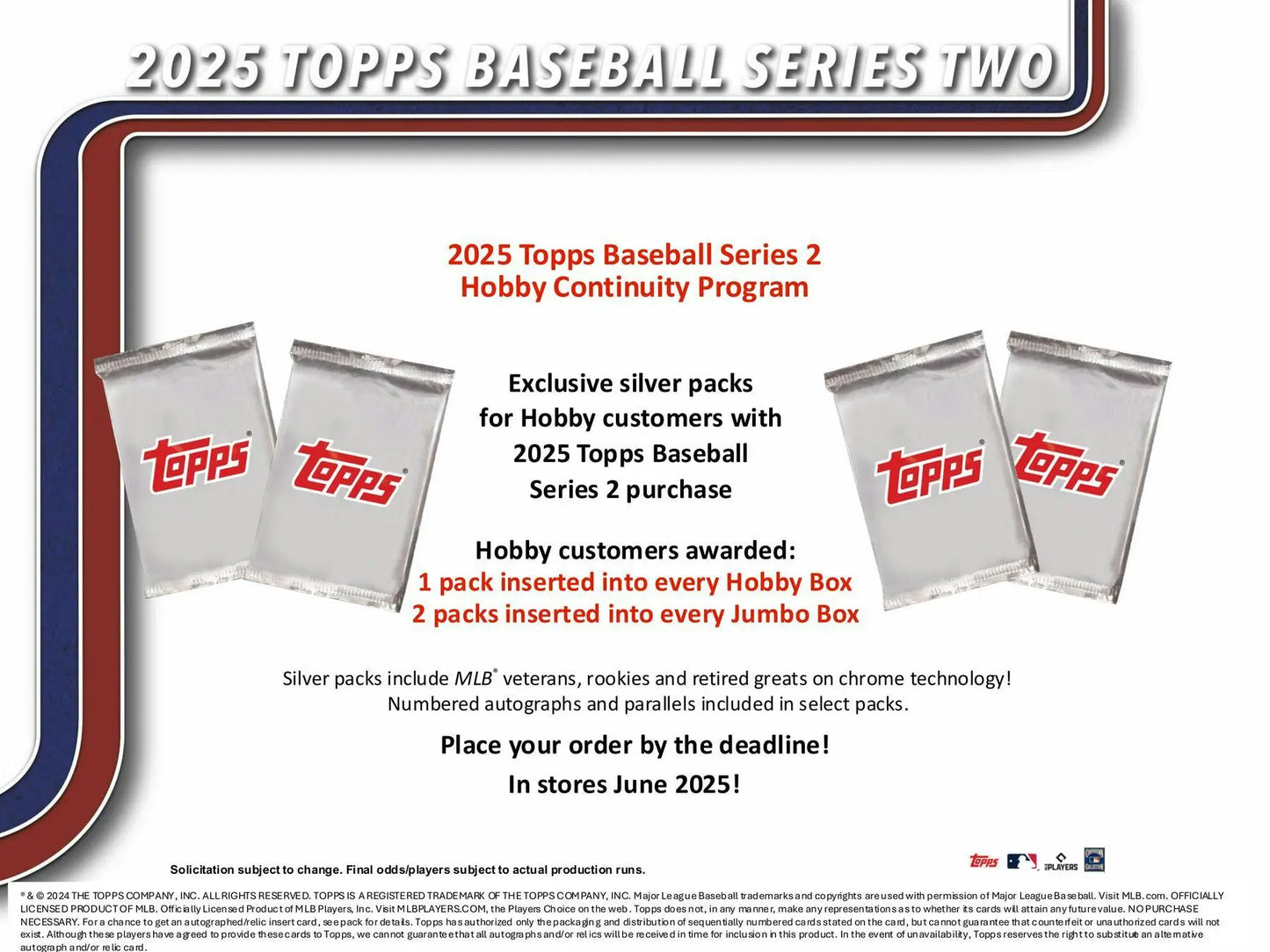 Baseball card promotion for 2025 Topps Series 2 Hobby Box with hobby exclusive rainbow foil parallels